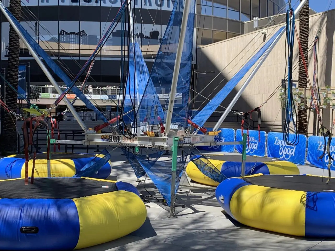 Euro Bungee Trampoline Attraction Zappos Event Blue Yellow Safety Surround Event Production Las Vegas