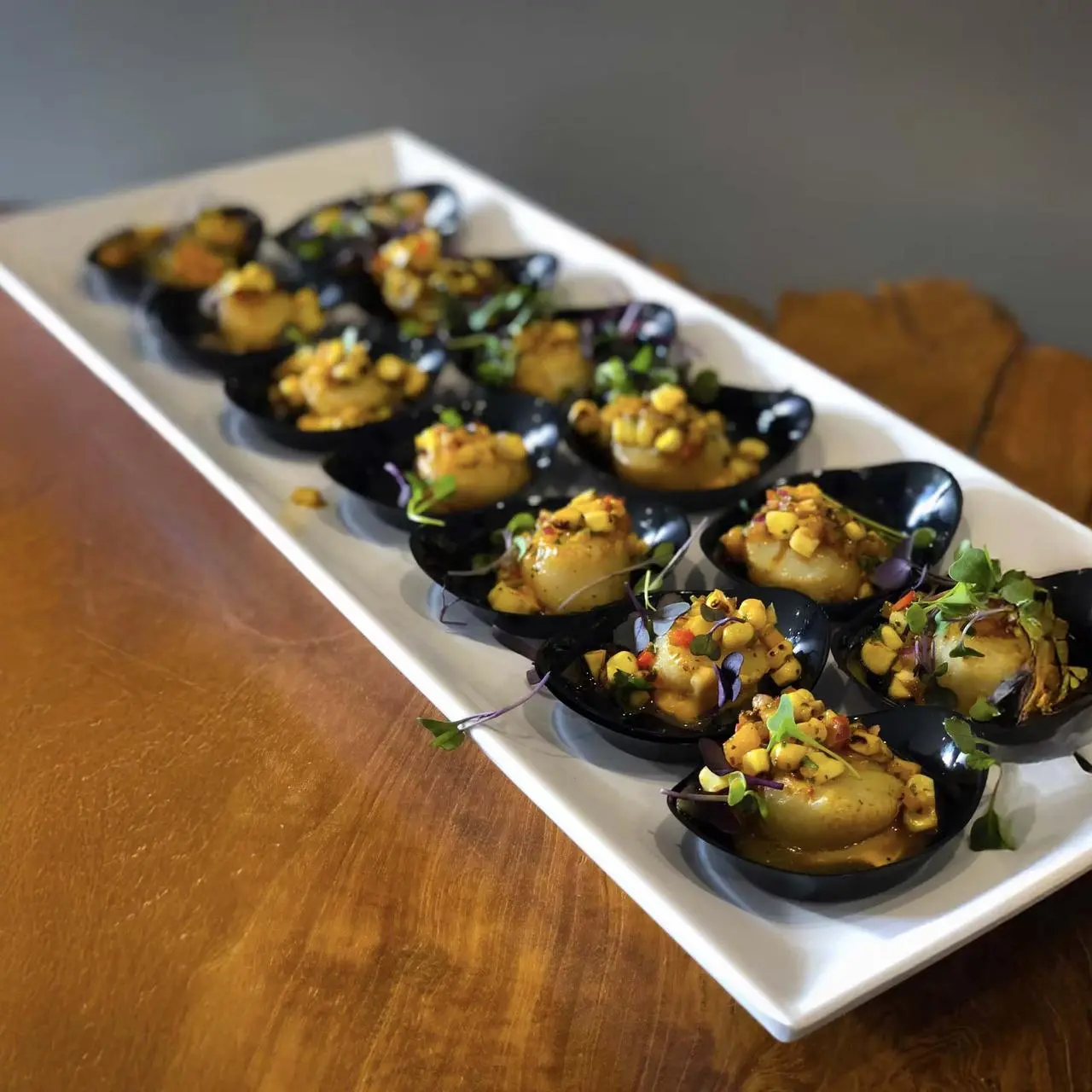 Seared scallops with corn salsa for appetizer catering in Las Vegas