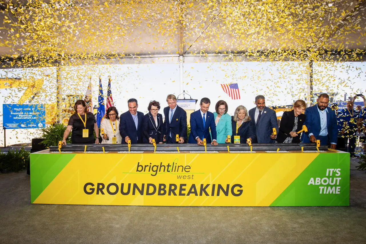 Brightline West groundbreaking ceremony with golden shovels and confetti in Las Vegas