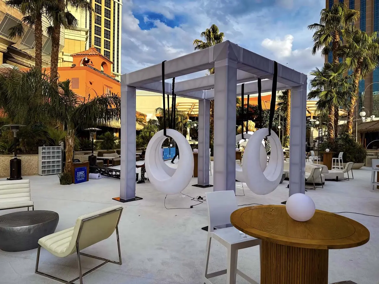 Modern Outdoor Lounge Illuminated Canopy Moon Swings Event Decor Las Vegas